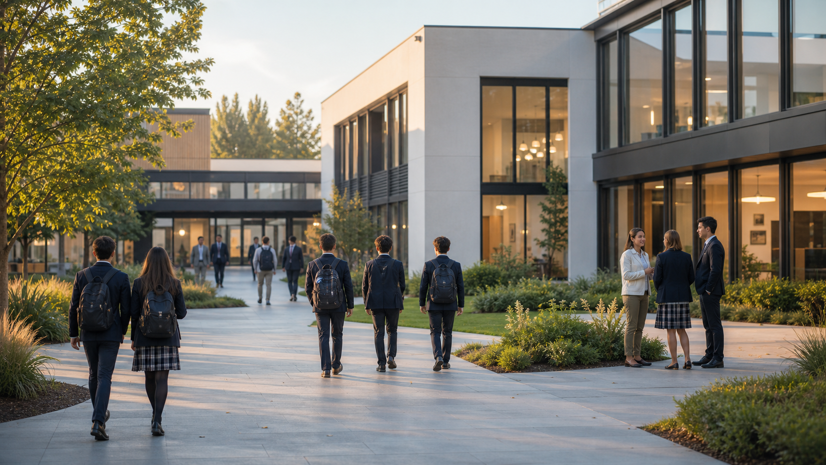 Pupils arriving at a modern school campus