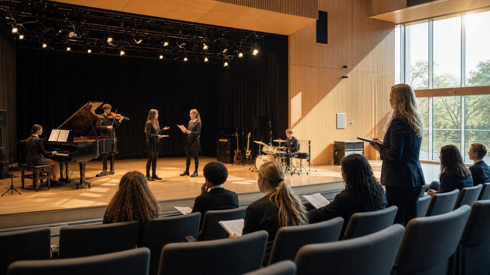 Pupils rehearsing music and performance in a modern school theatre
