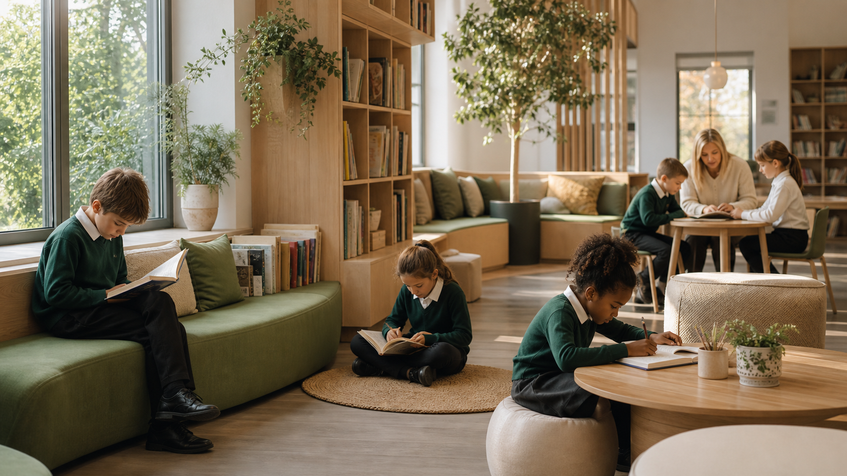 Pupils reading and studying in a bright school library space