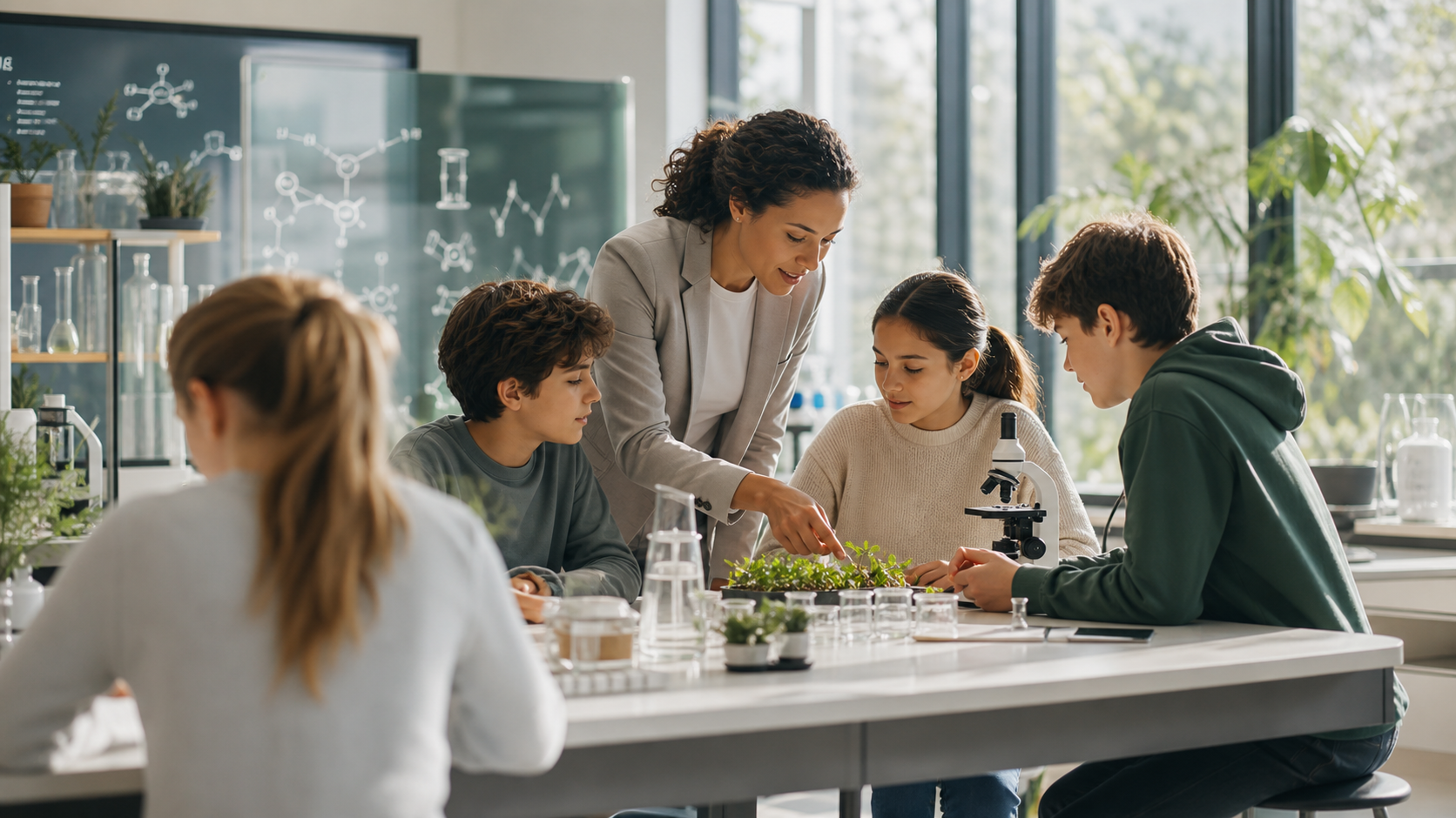 Teacher supporting pupils with science learning in a modern school laboratory