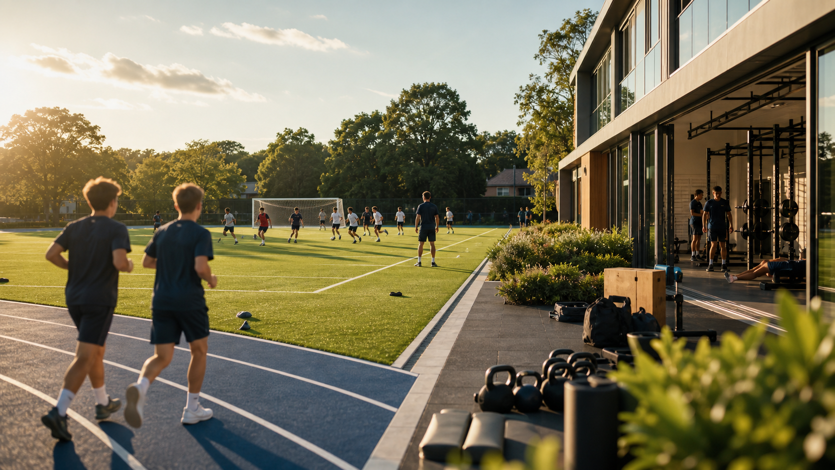 Pupils using sports facilities on a modern school campus